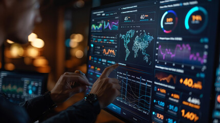 Wall Mural - A futuristic touchscreen interface allows users to delve into the details of their financial portfolios with ease. Powerful data visualizations and interactive dashboards