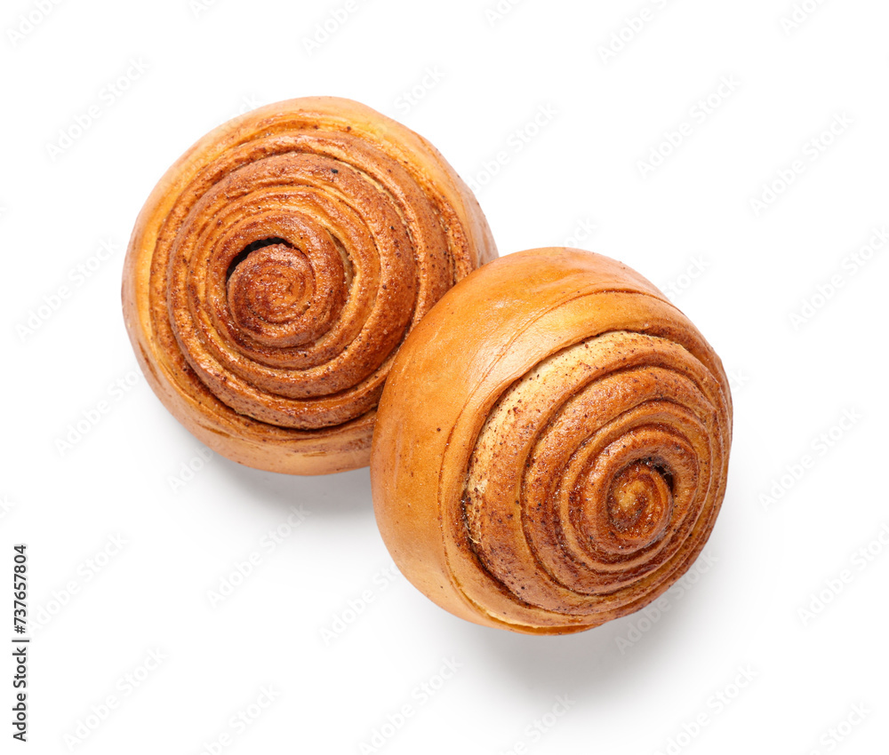 Tasty homemade cinnamon buns on white background