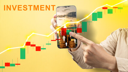 Poster - Business hand showing mobile phone screen with a stack of golden coins with an increased graph arrow