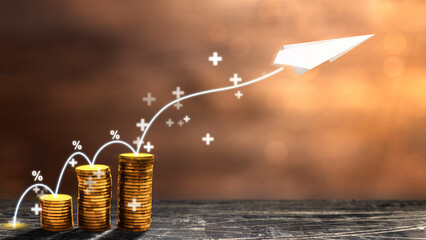 Poster - Stair stack of golden coins with increased graph arrow on a flying paper airplane