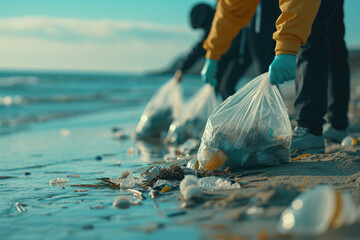 Group of people on beach holding a plastic bag engaging in coastal cleanup with bag of collected waste, Love the Earth, environmental responsibility, education, ecological conservation, earth day