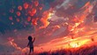 © Zaria - A heartwarming scene of a child releasing a bunch of balloons into the sunset sky