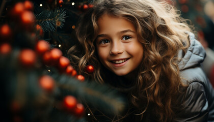 Wall Mural - Smiling girl enjoys winter, Christmas tree, and family celebration generated by AI