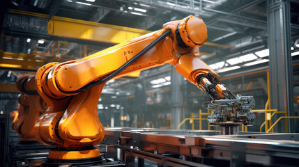 Wall Mural - Robotic arm automation in a bustling car factory with advanced machinery. 5G technology future industry 5.0