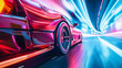 A sports car in the style of the 80s drives along a sports track. Background blur, double exposure, high speed. Pink and purple lights.