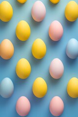 Wall Mural - Colorful easter eggs with dots on blue background. Happy Easter concept. Simple spring pattern for greeting card, banner, poster. Top view, flat lay