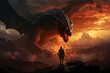 a man is standing in front of a large dragon
