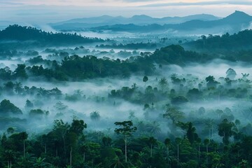 Wall Mural - A lush rainforest landscape enveloped in fog captures the mystery and vastness of nature. this image embodies the themes of conservation Climate change And the importance of preserving natural habitat