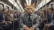 A funny cat sits in a business suit, in the subway on a blurred background with people. concept of marketing and broker, advertising and humor.