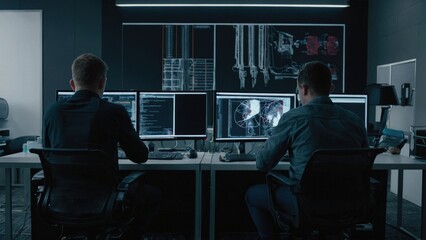 Wall Mural - a group of it specialists write software code for their client