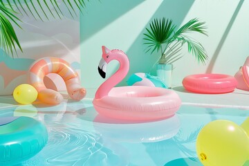 Summer pool party Inflatable flamingo Relaxation vibes Water fun Minimalist aesthetic Holiday leisure