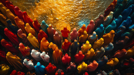 Wall Mural - High angle view of crowds of people covered in colour at Holi, a Hindu spring festival, crowd of people on the street with powder and colorful clothes in India at waterfront