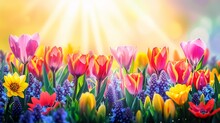 Spring Serenity - Abstract Defocused Background With Tulips And Hyacinth Flowers, Bathed In The Warmth Of A Sunlit Field. Made With Generative AI Technology