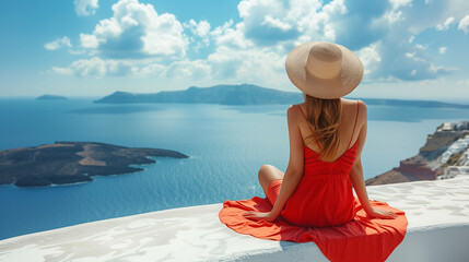 Wall Mural - Santorini travel tourist woman on vacation in Oia sitting on a wall at the village in Greece, European summer travel concept, woman with summer hat and red dress