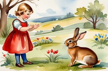 A Vintage-style Illustration, A Girl Is Playing With Easter Bunnies On A Background Of Nature. Postcard Concept. Illustration By Generative AI.