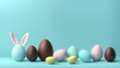 3D easter banner with bunny character and chocolate easter eggs isolated on blue background. Happy easter concept.