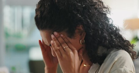 Canvas Print - Stress, headache and tired with woman in living room for frustrated, mental health and anxiety. Fatigue, burnout and vertigo with young female person in home for migraine, dizzy and worry mindset