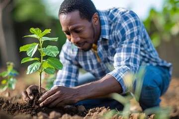 Wall Mural - An African American man is planting a tree, promoting environmental sustainability and community involvement.