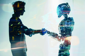 Wall Mural - Man and robot shaking hands, concept of technological innovation, cooperation between robots and future artificial intelligence