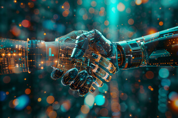 Poster - robot shaking hands, concept of technological innovation, cooperation between robots and future artificial intelligence