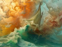 A Painting Of A Boat In The Ocean With Smoke Coming Out Of It. Generative AI.