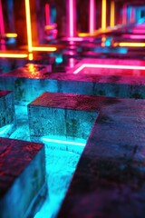 Wall Mural - A neon lighted tunnel with a row of bricks. Generative AI.