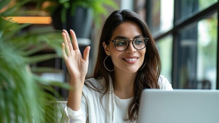 Wall Mural - Happy young latin business woman employee, hr manager having remote videocall work hybrid meeting or job interview waving hand looking at laptop.