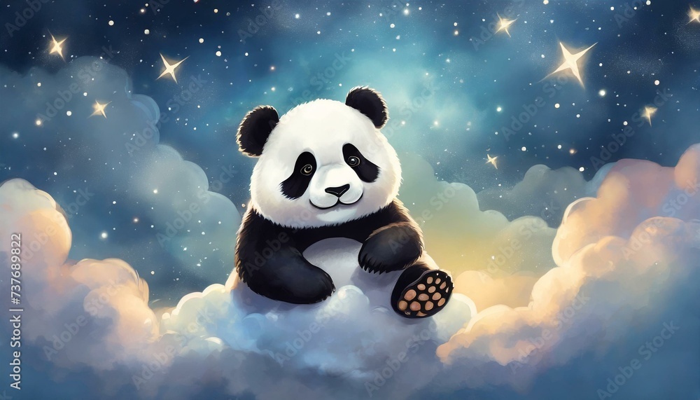 Panda floating among fluffy clouds in a dreamlike sky, with stars ...