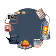 © Ekaterina - A circle with tableware, drinkware, kitchen utensil around campfire on a gray background