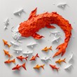 Abstract leadership concept with origami koi fish leading smaller paper fishes unity in diversity theme