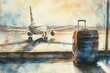 a watercolor painting of an airplane and a suitcase at an airport