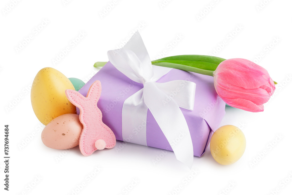 Easter fabric bunny, eggs, tulip and gift on white background