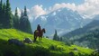 Horse Grazing adventure in a Mountain Meadow on a Summer Hike in nature landscape
