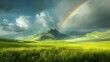© Alice a. - A beautiful rainbow in nature landscape on the mountain land field photography. Generative AI