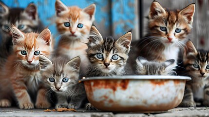 Adorable Kittens with Mesmerizing Blue Eyes Gathered Around a Food Bowl. A group of charming cats attentively focuses on camera. Panorama with copy space - generative ai