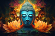 glowing colorful light golden buddha face, colorful lotus flowers and leaves, nature background