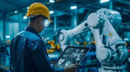 Manager engineer check and control automation robot arms machine in intelligent factory industrial on real time monitoring system software. Welding robotics and digital manufacturing operation