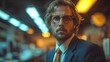 © Jeff - Close-up shot of quirky and eccentric male office worker - business suit - open office  - meticulous symmetry -  stylish fashion - paranoid - disturbed