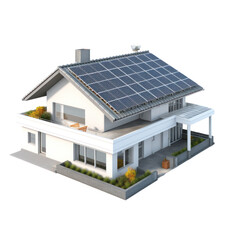 A house which has solar panels on the roof which charge a large battery inside the house, on transparency background PNG