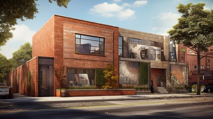 Wall Mural - The walls of the house are in an industrial style with exposed red brick architecture.