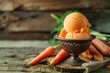 Vegetable gelato. Vegan carrot ice cream with organic baby carrots, old rustic wooden background.