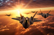 Fighter jet fighter in the sky at sunset. 3d render