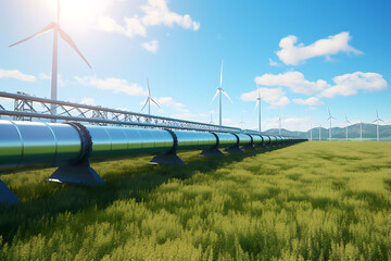 Wall Mural - pipeline and wind turbines in a field, 3d render