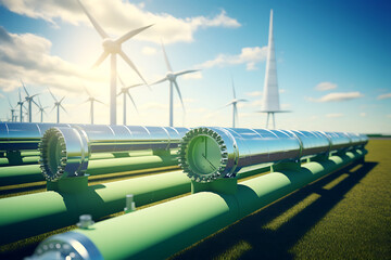 Wall Mural - pipeline and wind turbines in a field, 3d render