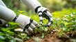 © weerasak - A robotic arm delicately interacting with small plants, depicting advanced agricultural technology.