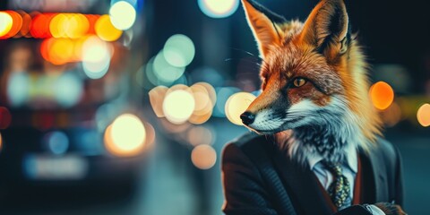 Wall Mural - A fox in a suit and tie standing in front of a city. Generative AI.