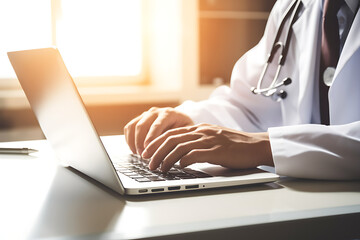 Wall Mural - Close up of male doctor hands typing on laptop computer while sitting at the desk in clinic