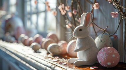 Wall Mural - Easter bunny and eggs on the windowsill decorated with branches and flowers, with sunlight and shadow. Easter Day background.