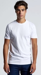 Wall Mural - White t-shirt mockup design. man wearing a blank white T-shirt.