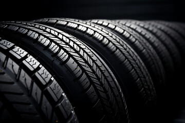  Car tires on a black background. Close up. Selective focus.